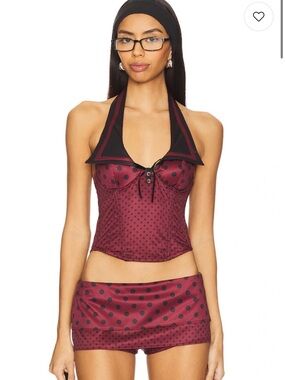 Jaded London Burgundy and Black Polka Dot Satin Halter Bustier and Mini Set